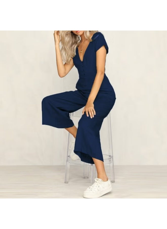 Barbora Linen Daily Summer V-Neck Short Leg Design Women's Jumpsuit LN1010LACIVERT9 - Image 2